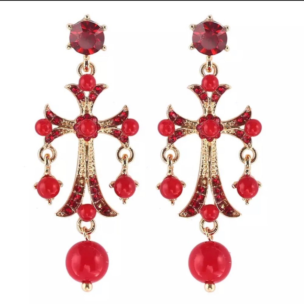 Cross Crystal Red Beaded Stud Earrings